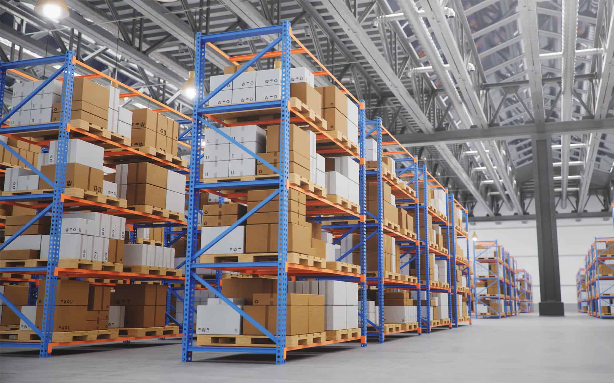 Warehouse With Cardboard Boxes Inside On Pallets