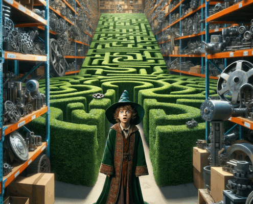 Young Wizard Standing At The Entrance Of A Complex Maze That Is Located Inside A Vast Warehouse Filled With Spare Parts.